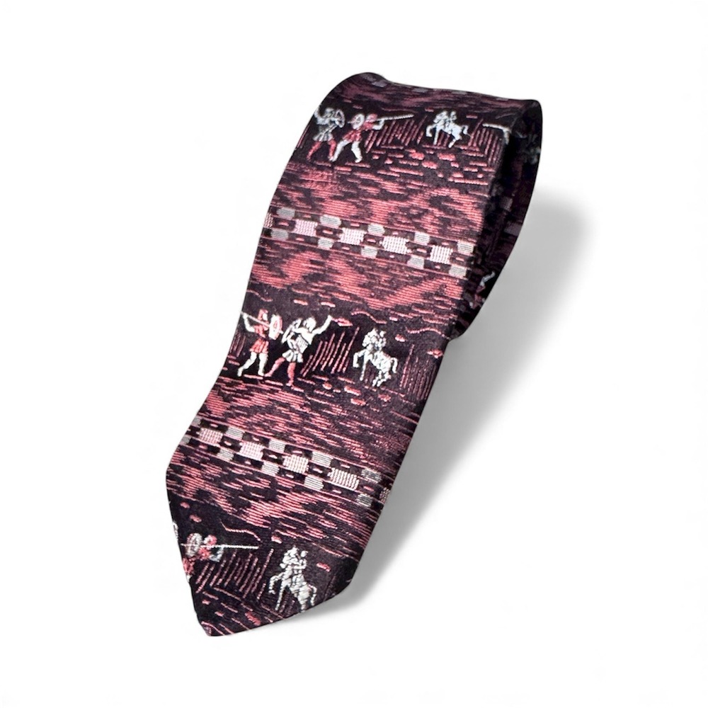 Alida Mens Silk Jacquard Woven Novelty Tie Burgundy Medieval Figures Horse